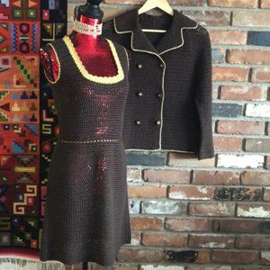 VINTAGE 60s 2 piece Sheer Brown Knit Dress & Jacket Set Suit GOLD Trim